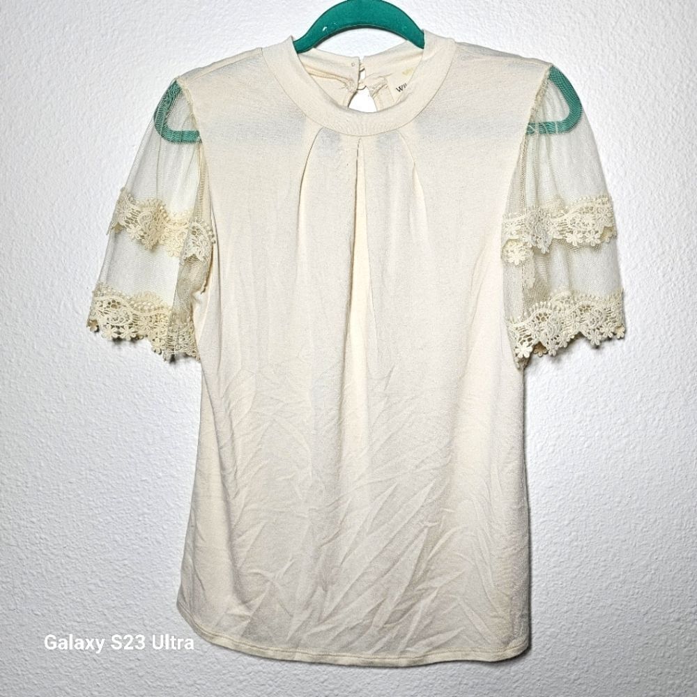 Willow Young Contemporary blouse cream color med. sheer lace sleeves cottagecore